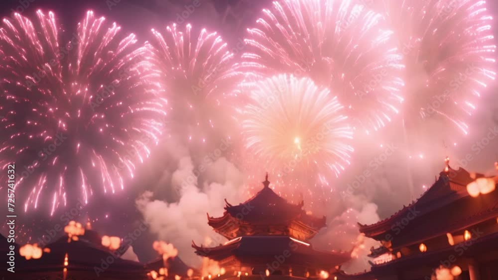 Fireworks Chinese New Year above temple. Lunar New Year fireworks 2024