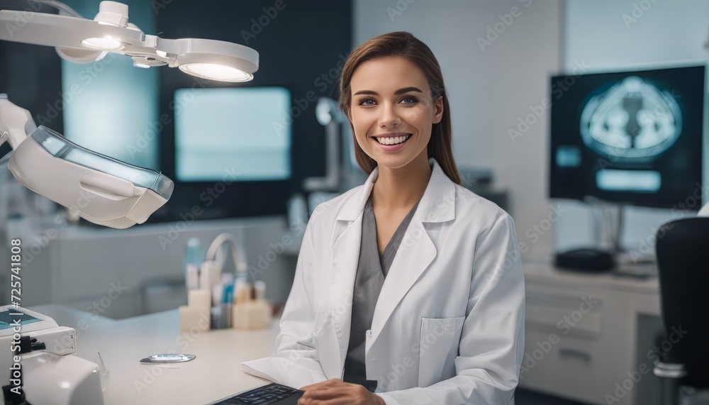 potrait Young female happy dentist at his office potrait Young female happy dentist at his office