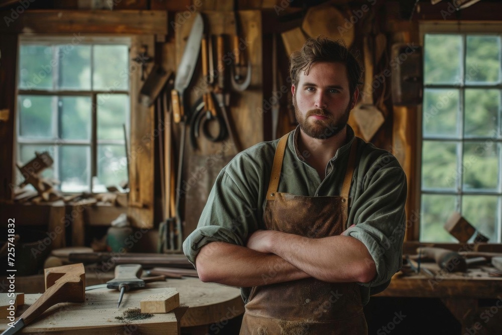A male model capturing the essence of a rustic lifestyle Working in a wood workshop Surrounded by nature and craftsmanship
