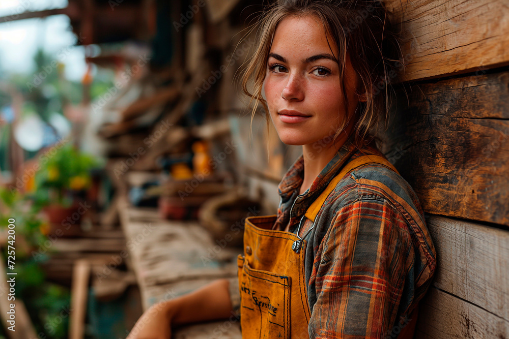 Fototapeta premium Girl working as a carpenter, handywoman, rustic style, looking at the camera