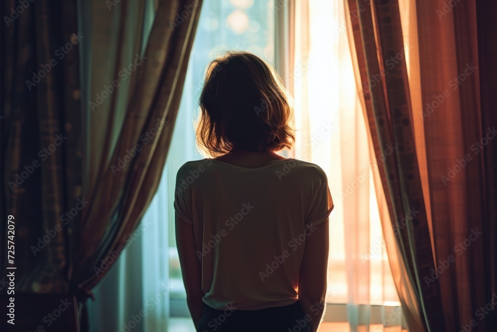 Back view woman in backlight standing at the window at home looking out Back view woman in backlight standing at the window at home looking out