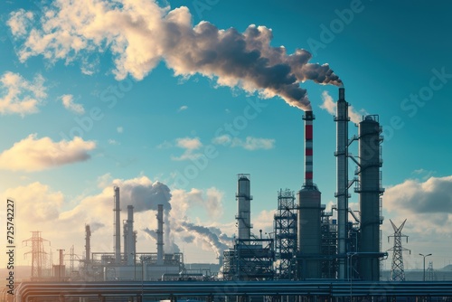 Industrial factories produce carbon gas, ozone, air, and release carbon gas.