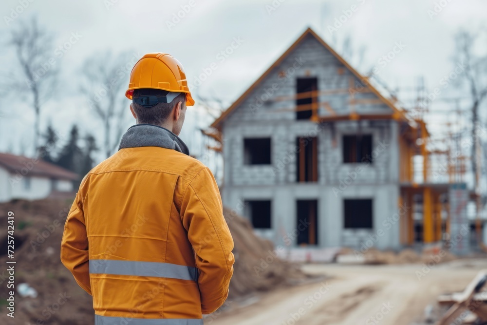 Construction supervisory engineer standing in a helmet against the background of a house under construction. Construction supervisory engineer standing in a helmet against the background of a house under construction.