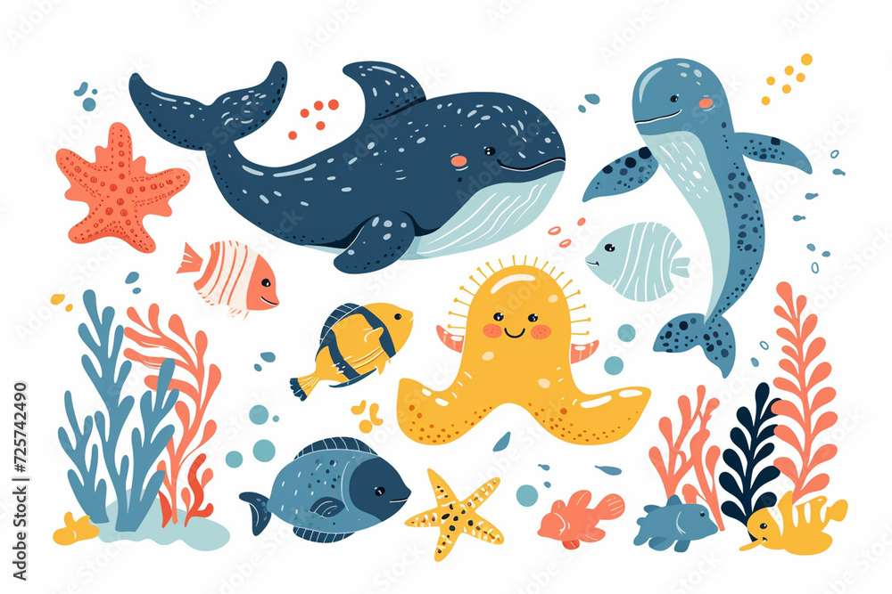 Obraz premium A set of adorable marine animals in flat cartoon style. Ideal sea life and ocean design elements for printing, posters, cards, and creative projects.