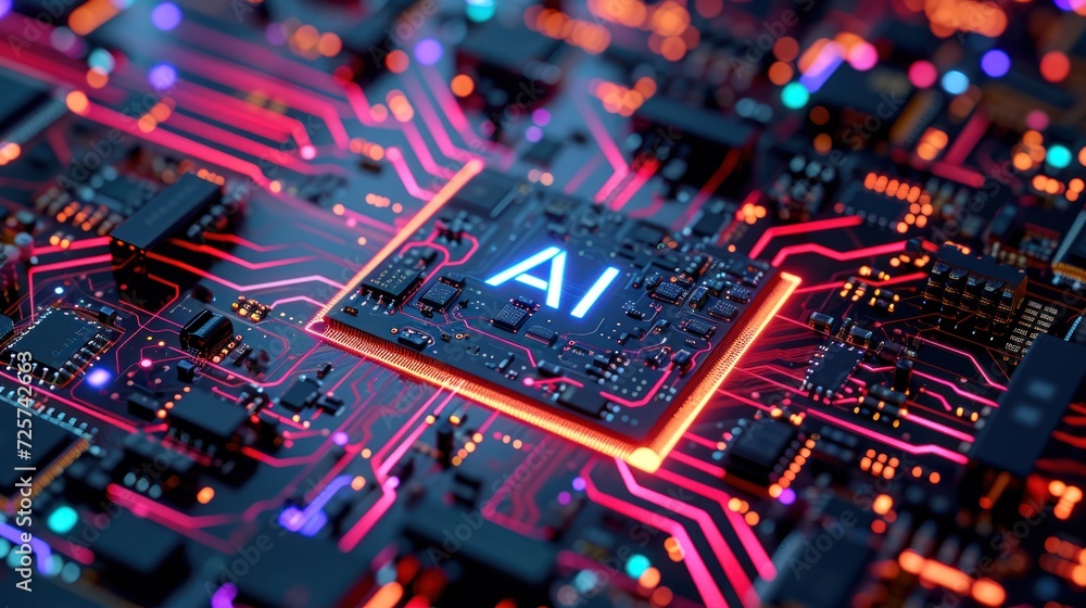 AI text on computer printed circuit board ,AI microprocessor closeup. AI text on computer printed circuit board ,AI microprocessor closeup.