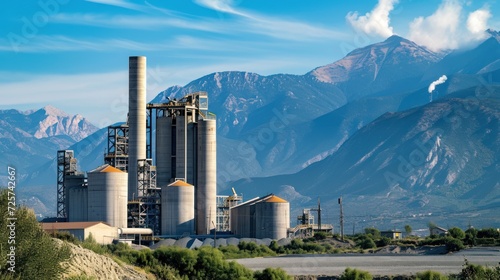 Big cement factory with rocky mountains background