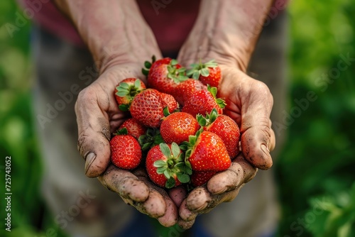 Farmer hands holding fresh strawberries photo