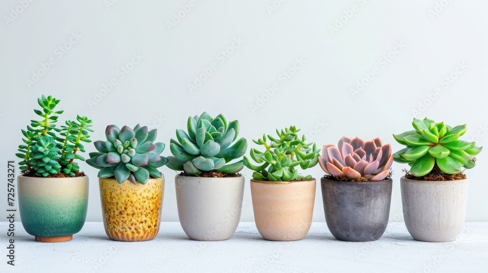 Assorted succulents in minimalist pots against a white background, emphasizing simplicity and green living