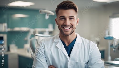 potrait Young male happy dentist at his office