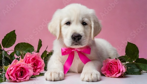 cute white golden retriever puppy wear pink ribbon pose in studio pink background surrounded by pink roses