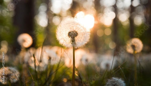 white dandelion in a forest at sunset macro image abstract summer nature background