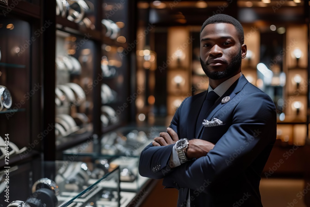 Male model showcasing luxury watches in an upscale boutique Male model showcasing luxury watches in an upscale boutique