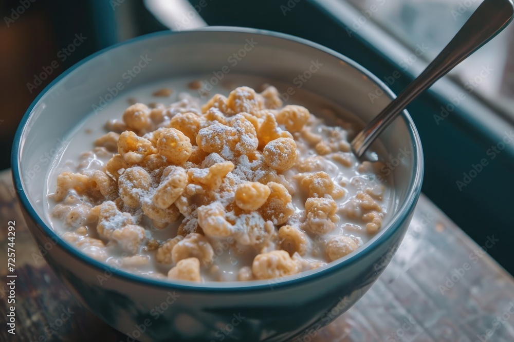 Cereal bowl full of milky cereal with a spoon. A delicious breakfast to start the day off right. Generative AI Cereal bowl full of milky cereal with a spoon. A delicious breakfast to start the day off right. Generative AI