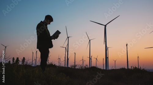 Person is silhouetted against a sunset sky, reading a tablet with wind turbines in the background.