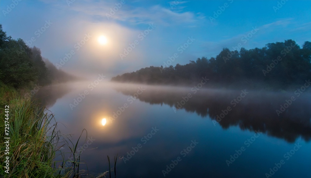 night mystical scenery full moon over the foggy river and its reflection in the still water