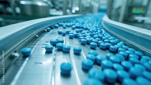 Blue pill capsules move on a conveyor belt in a modern pharmaceutical factory.