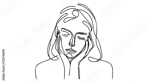 Continuous line drawing of woman think, holding her face in despair. One line woman in stress