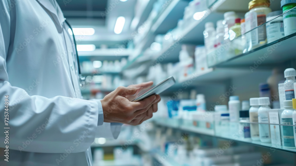 Pharmacist in a white lab coat is using a tablet in a pharmacy with shelves stocked with medications in the background.