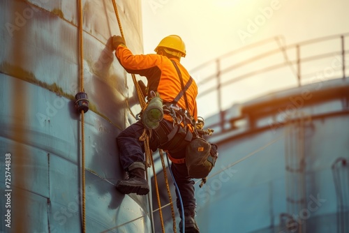 Male worker rope access industrial working at height tank oil wearing harness, photo