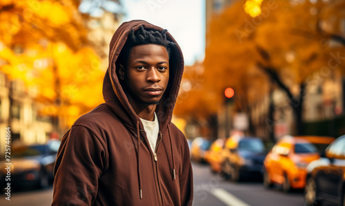Young African American man in a hoodie standing confidently on a city street with vibrant autumn foliage and urban traffic in the background