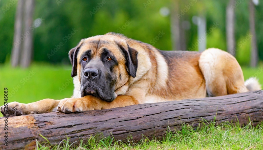 a big dog lies on a log in a city park on the aging and waiting portrait of a mastiff obedience and protection