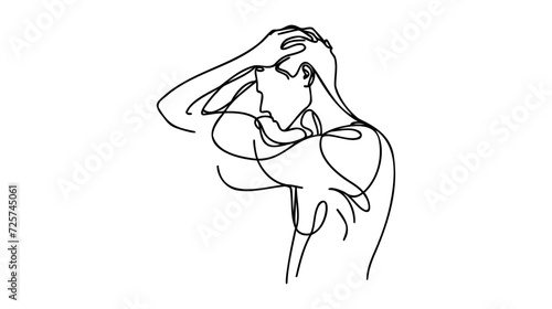 Continuous line drawings of man feeling sad, tired and worried about suffering from depression in mental health.