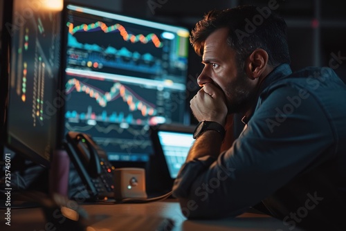 Stock trader sitting in front of his screens on his desk, Disappointed because he lost his trade, Very sad.