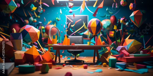 Vibrant and colorful educational workspace with floating geometric shapes, pencils, and lively confetti, depicting a creative learning environment