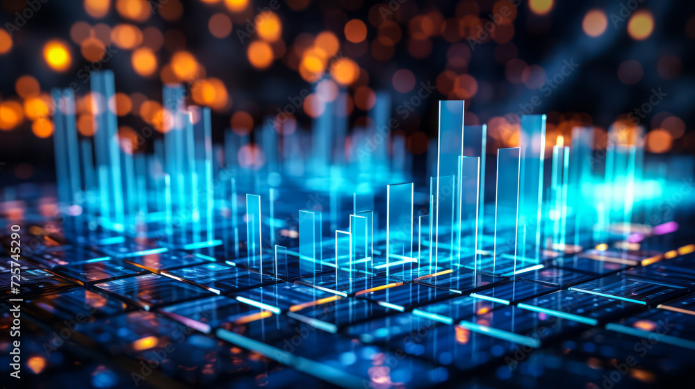 Abstract technological background with pulsating light bars on a grid, concept of data analysis, cyber technology, and digital information flow