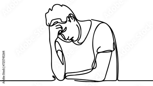 Continuous line drawings of man feeling sad, tired and worried about suffering from depression in mental health.
