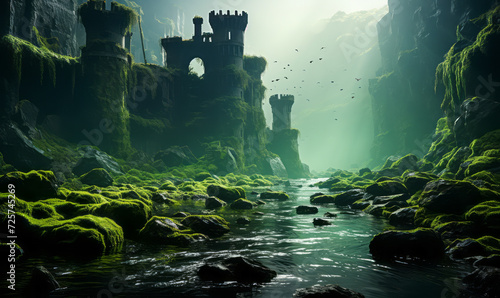 Mystical fantasy landscape with ancient ruins on mossy cliffs, a magical river flowing under rays of light, and flying creatures in the mist photo