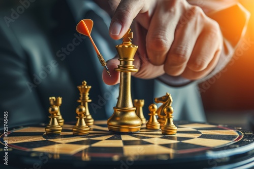Businessman holding and throwing golden king chess to virtual target dart board. photo