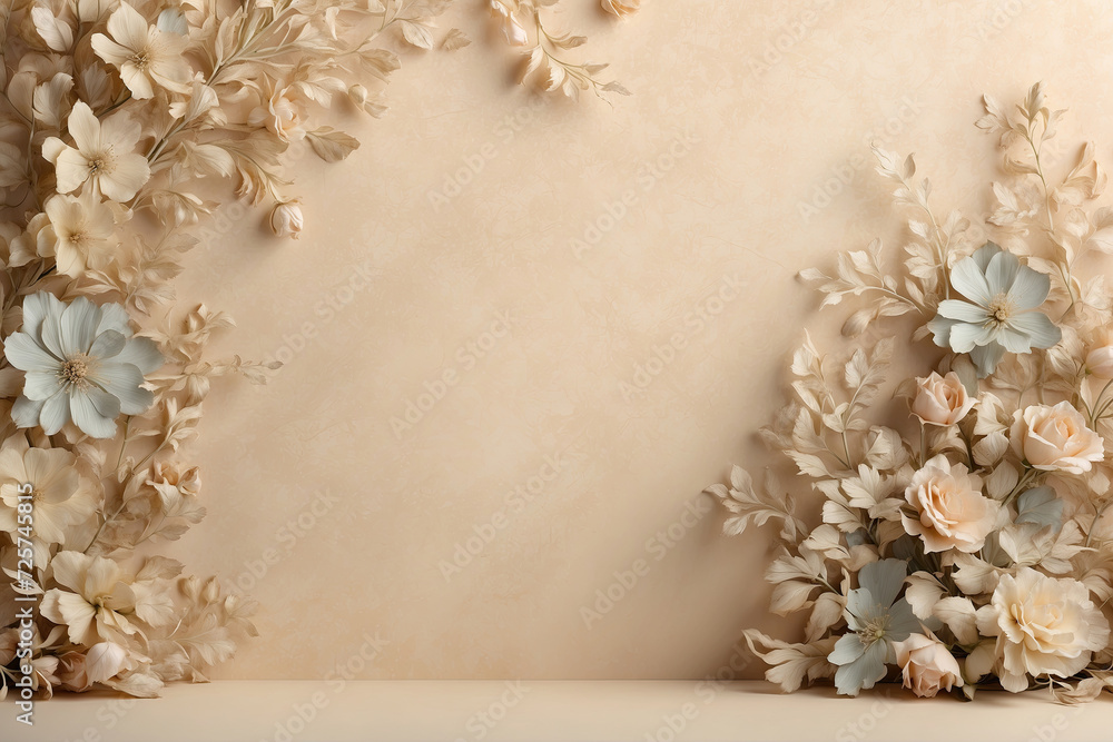 Elegant floral frame on soft beige background.
Floral ornament, copy space, wallpaper vintage design. Soothing pastel beige background for advertising. Elegant floral frame on soft beige background.
Floral ornament, copy space, wallpaper vintage design. Soothing pastel beige background for advertising.