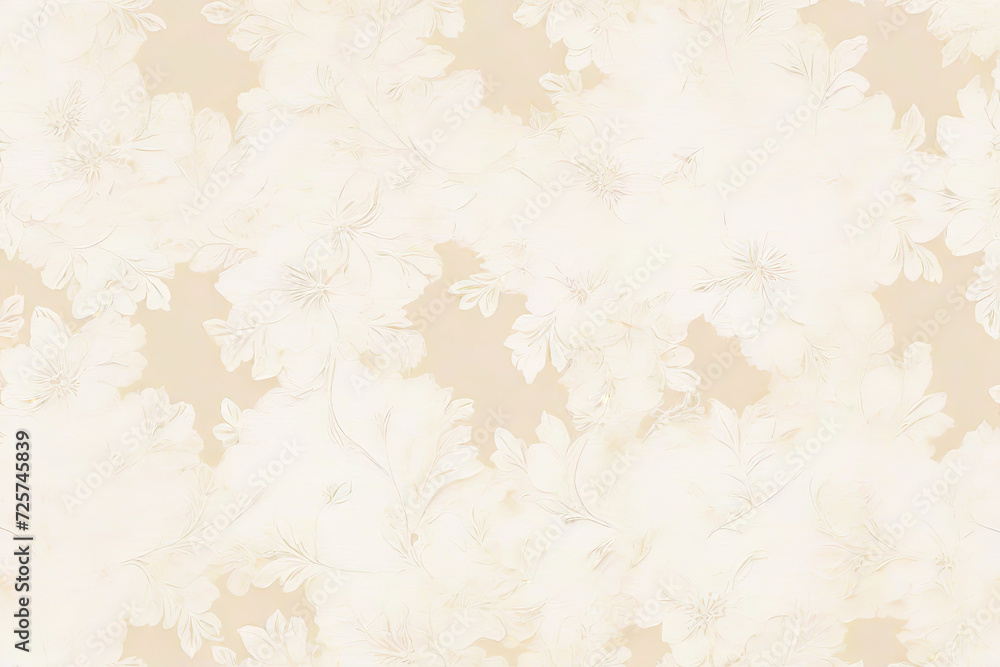 Soft pastel color beige background, parchment paper with subtle subtle floral design, wallpaper copy space, vintage design.