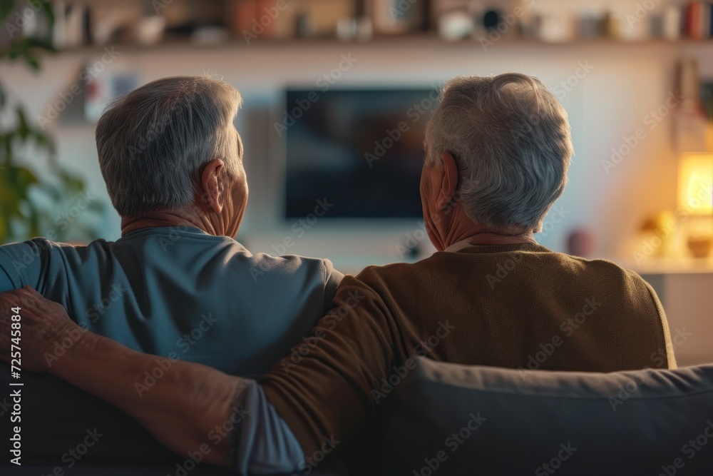 Backview of an elderly male gay couple sitting in the living room and watching TV together. Backview of an elderly male gay couple sitting in the living room and watching TV together.