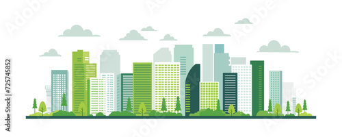 City skyscrapers and buildings. Cityscape with office buildings, trees. Green metropolis. The concept of a modern environmentally friendly city.