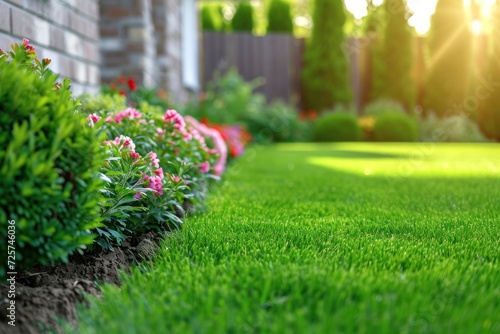 Beautiful manicured lawn and flowerbed with shrubs in sunshine residential house backyard background.