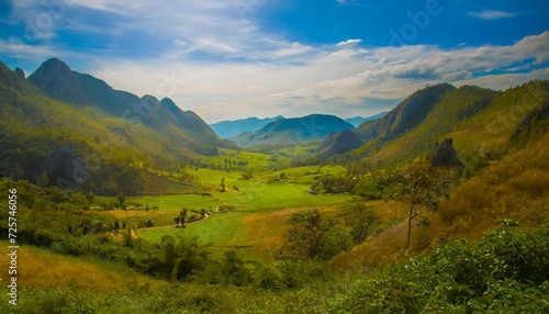 a beautiful valley surrounded with mountains and hills natural summer background nature landscape wallpaper created using tools © Nathaniel