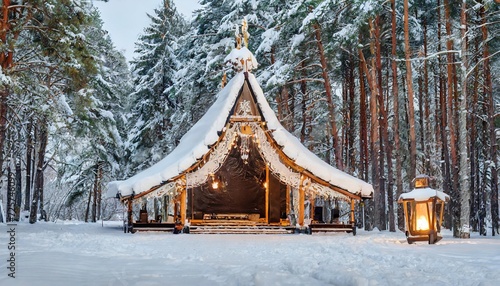 outdoor concert stage in folk style and a lantern with a snow cap among snow covered trees in a winter park © Josue