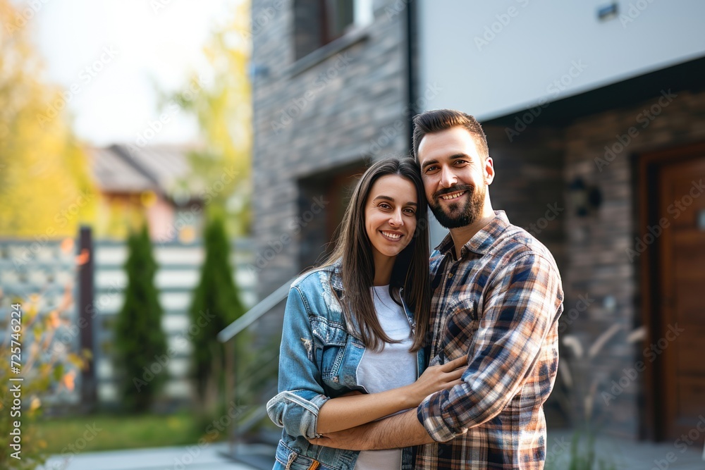 Start a family Happy young couple standing in front of new house Husband and wife buy a new house Start a family Happy young couple standing in front of new house Husband and wife buy a new house