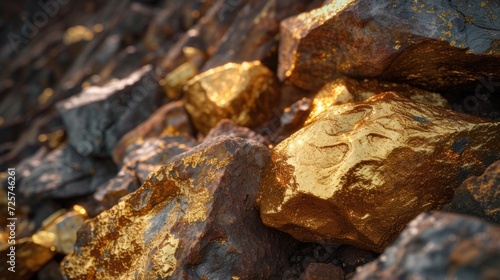 A pile of rocks with gold paint on them. Suitable for various design projects