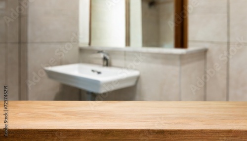 wooden table top and defocused bathroom sink counter as background