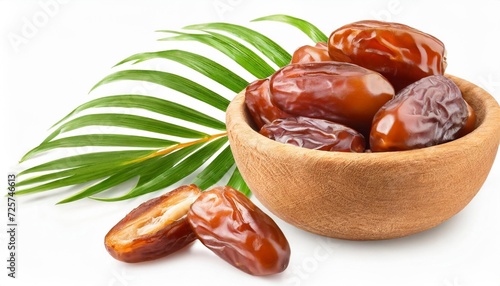 dates fruit date fruits in wooden bowl with palm tree leaf isolated on white background organic medjool dates close up