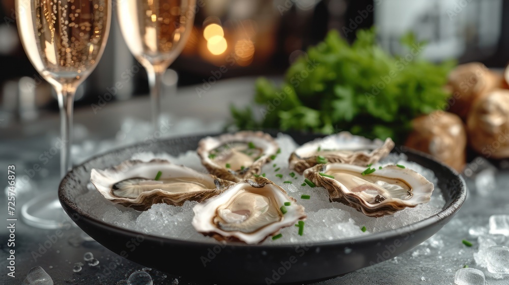 a plate of oysters on a bed of ice with a glass of champagne next to it and a bunch of parsley in front of wine glasses on a table. a plate of oysters on a bed of ice with a glass of champagne next to it and a bunch of parsley in front of wine glasses on a table.