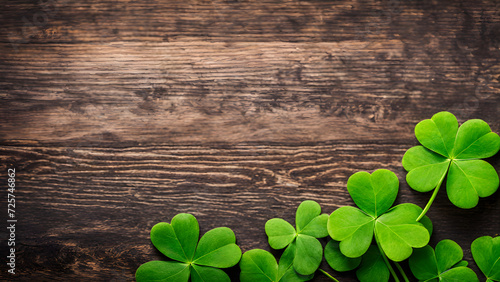 st patrick day background, green shamrocks on dark wood with copyspace