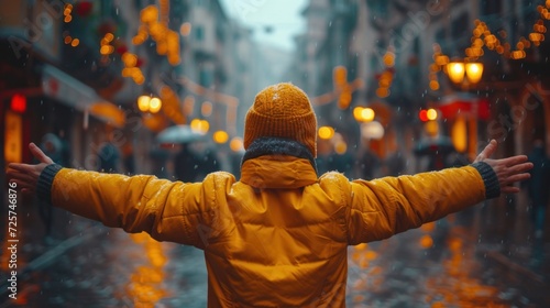  a person in a yellow jacket standing on a city street in the rain with their hands up in the air and their arms stretched out to the side of the street.