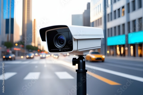 White surveillance camera monitoring city street traffic at night with blurred background