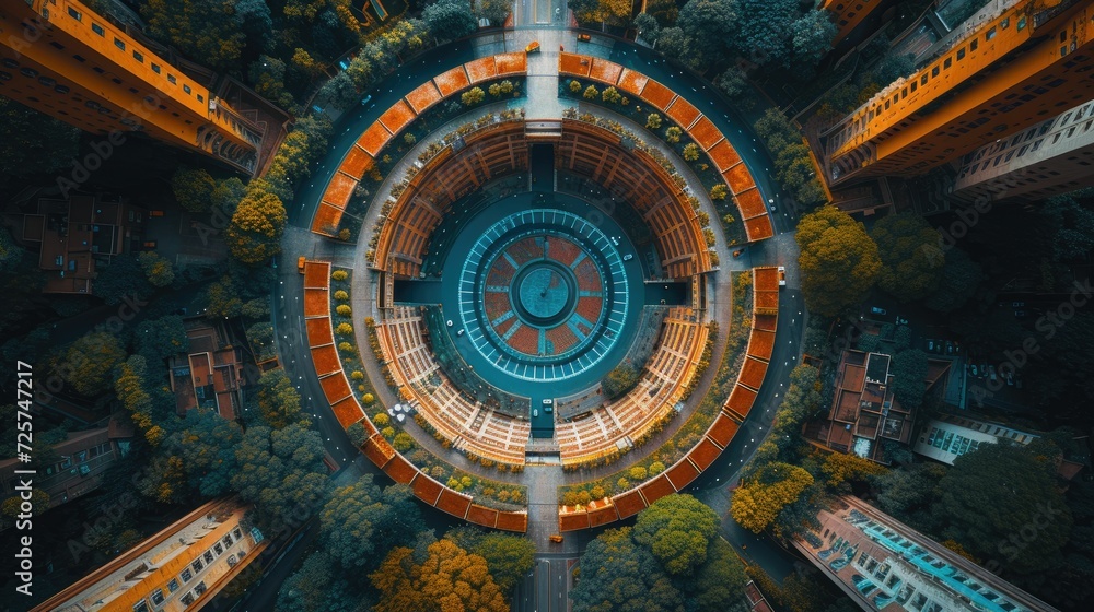An Aerial Exploration of Circular Design: Capturing the Radial Symmetry and Unique Architectural Details of a Circular Building