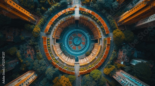 An Aerial Exploration of Circular Design: Capturing the Radial Symmetry and Unique Architectural Details of a Circular Building