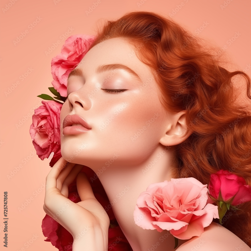 A vibrant woman with fiery red hair adorned in a crown of delicate flowers gazes confidently at the camera, her lips painted a bold shade of rose, as she stands against a wall decorated with cascadin A vibrant woman with fiery red hair adorned in a crown of delicate flowers gazes confidently at the camera, her lips painted a bold shade of rose, as she stands against a wall decorated with cascadin